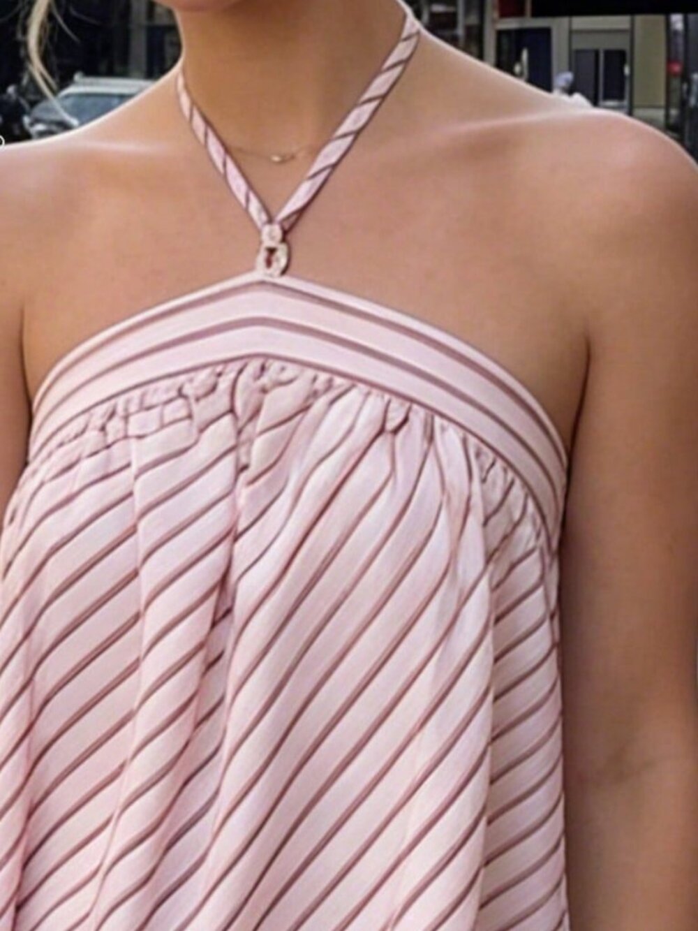 Baby Pink Elegant Striped Spaghetti Strap Women's Mini Dress with Back Tie - Picture 7 of 9